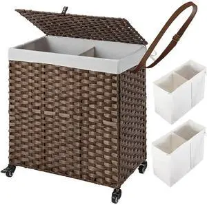 Laundry Hamper with Wheels, No Install Needed, 110L Divided Handwoven Hampers & 2 Removable Liner Bags, Rattan Clothes Laundry Basket with Lid & Handles, Foldable Hampers Brown 22x13x26.4In