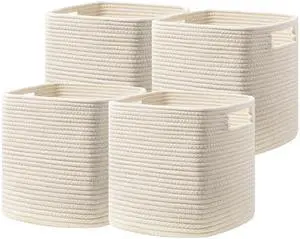 Set of 4 Storage Cubes-13 X 13 X 13 In, Cotton Rope Basket for Shelves, Toys, Book, Cube Storage Bin with Handles, Woven Storage Basket for Organizing, Beige