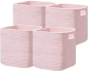 13x13 Cube Storage Bins, Storage Cubes with Handles, 4 Pack Cotton Rope Basket for Shelves, Cube Storage Organizer forToys, Book, Clothes, Home, Office, Nursery, Pink