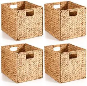 4 Pcs Wicker Storage Basket Water Hyacinth Handwoven Baskets with Handles Foldable Woven Organizer Multipurpose Wicker Storage Bins for Bedroom Living Room(13 x 11 x 11'',Natural)