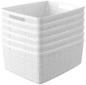 Set of 6 Jute Medium Decorative Plastic Organization and Storage Baskets, Perfect Bins for Home Office, Closet Shelves, Kitchen Pantry and All Bedroom Essentials, White