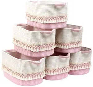 6 Pack Storage Basket for Shelves, Boho Cotton Rope Storage Bins with Heavy Tassel, Shelf Baskets Large Woven Baskets for Organizing, Cube Organizer Bins, Baby Laundry Basket for Clothes, Toys, Pets