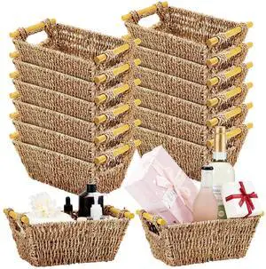12 Pcs Small Hand Woven Wicker Baskets with Wooden Handles, Seagrass Rattan Storage Baskets Bin Organizer Shelf Pantry for Bathroom Storage Towel Kitchen Washroom Gifts Decor, 9" x 6" x 4"