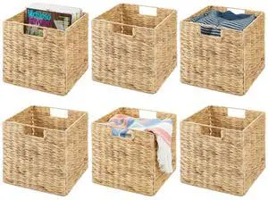 Natural Woven Hyacinth Cube Organizer Basket with Handles, Storage for Bathroom, Laundry Room Shelf or Nursery - Perfect for Cubby Storage Units - Hold Blankets and Books - 6 Pack, Natural/Tan