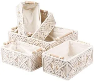 5PCS Macrame Storage Baskets for Organizing Boho Decor Baskets Storage Bins with Wood Handles Handmade Decorative Storage Boxes with Removable Liner Toilet Tank Bathroom Self Basket Organizer
