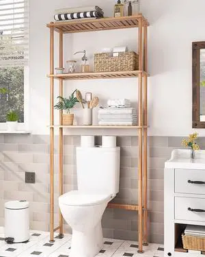 Over The Toilet Storage Shelf Bamboo, 3-Tier Over Toilet Organizer Rack, Freestanding Above Toilet Shelf for Bathroom, Laundry, Space Saver, Natural Color