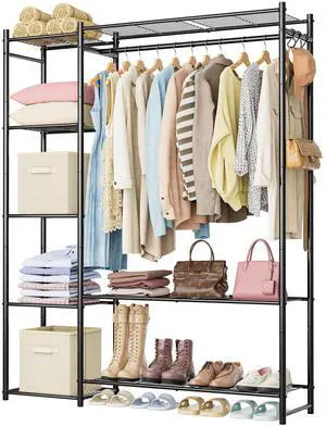 Wardrobe Closet,Portable Clothes Rack with 4 Tiers Shelves,Freestanding Closet Organizers and Storage System with Hanging Rods,Steel Clothing Rack Suitable for Cloakrooms,Bedrooms,Entrances,etc.Black