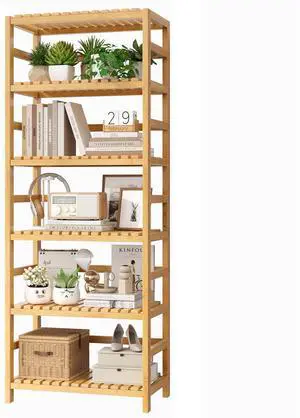 6-Tier Bamboo Shelf, Bamboo Bookcase with Adjustable Shelves, Free Standing Storage Shelf Unit, Plant Flower Stand for Kitchen, Bathroom, Home Office, Natural