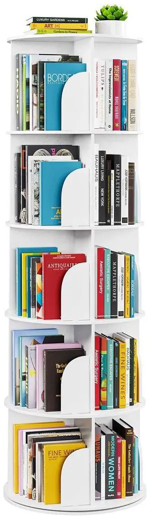 5 Tier Rotating Bookshelf Tower, Spinning Bookcase Lazy Susan, Revolving 360 Book Shelf Storage Round Carousel, Vertical Rotate Turning Spiral Corner Organizer, White