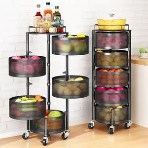 Fruit and Vegetable Basket Bowls for Kitchen with Metal Top Lid, 5 Tier Rotating Storage Rack Cart for Potato Onion Bread Banana, Wire Basket Organizer on Wheels, Large, Black