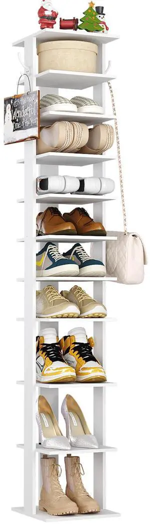 10-Tier Vertical Shoe Rack, Corner Shoe Tower, Slim Shoe Organizer with Two Hanging Hooks, Wooden Shoe Storage Stand for Entryway, Hallway, Closet, White