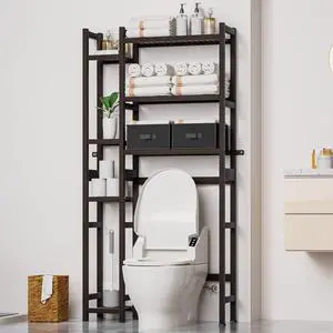 Over The Toilet Storage with Basket and Drawer, Bamboo Bathroom Organizer with Adjustable Shelf & Waterproof Feet Pad, Space Saver Rack for Restroom, Laundry, Brown