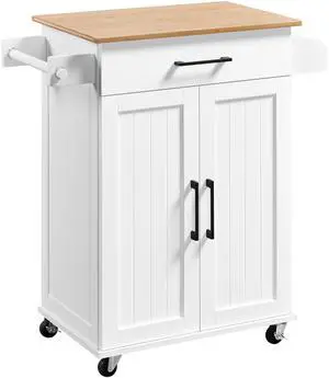 Kitchen Cart with Bamboo Tabletop, 32" Width Rolling Kitchen Island with Drawer and Adjustable Shelf, Storage Cabinet with Spice Rack Towel Bar for Dining Room Kitchen Living Room, White