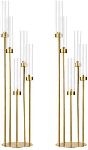 2PCS Gold Floor Candelabra,5 Arm Candle Holder Tall Floor Candle Holder with Acrylic Lampshade for Wedding Table Birthday Party Home Decoration Fit LED Taper Candles