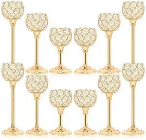12pcs Bulk Crystal Candle Holder Set, 3 Sizes Tealight Candlestick Holders, Elegant Gold Candelabra for Wedding Table Centerpiece, Fireplace, Home & Living Room Decor