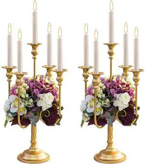 Metal Candelabra Gold Candle Stand 20in Tall, 5-Candle Candlestick Holder for Taper Candles, Candle Holder for Wedding Centerpiece Christmas Valentine Holiday Party Event Reception Decor, 2Pcs