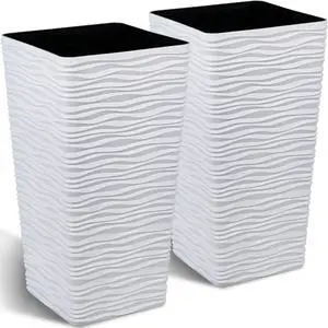 Garden 22" Tall Planters Set of 2 - Plastic White Square Plant Pots - Modern Big Tapered Matte Wavy Tree Flower Pot for Indoor Outdoor Porch Deck