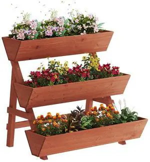 3-Tiers Wooden Raised Garden Bed,Wood Planter Box for Vegetable,Flower Rack,Flower Pot Stands,Indoor Outdoor Gardening Planting Beds (Brick red, Large)