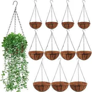 12 Packs Metal Hanging Planter Basket Round Wire Plant Holder with Liner Wire Hanging Plant Flower Pot Metal Round Wire Plant Holder Hanging Planter Plant Basket for Indoor Outdoor, 3 Sizes