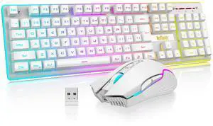K10 Wireless Gaming Keyboard and Mouse Combo, LED Backlit Rechargeable 3800mAh Battery, Mechanical Feel Anti-ghosting Keyboard + 7D 3200DPI Mice for PC Gamer (White)
