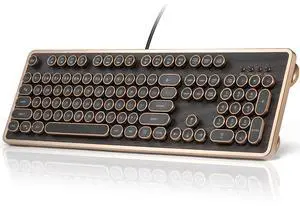 RK104 Retro Mechanical Keyboard, Wired Full-Size 104 Keys with Typewriter Round Keycaps, Wooden Grain, N-Key Rollover, Green Linear Switches, Ideal for Retro Lovers