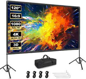 Outdoor Projector Screen with Stand, Qoolfoto 120 Inch Portable Projector Screen, Indoor Outdoor Projection Screen 16:9 4K HD Wrinkle-Free Movie Screen with Carry Bag for Backyard Movies Home Theater