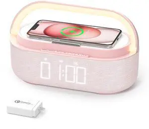 Bluetooth Speaker with Wireless Charger, FM Radio, Dimmable LED Night Light, Dual Wireless Speakers, 2500mAh Portable Speaker for Home Decoration, Bedroom, Office, Gift