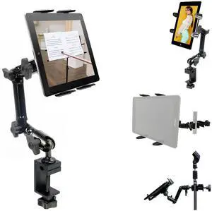 Heavy Duty 4-Way Adjust Aluminum Alloy Pole/Bar Music Mic Microphone Stand Clamp Mount for iPad Pro Air Mini Galaxy Surface Pro 7-12" Tablets (Good for Uber Eat Doordash Postmate salso)