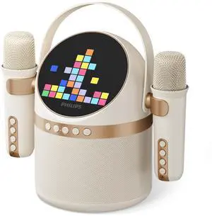 S2508 Portable Karaoke Machine,Party Bluetooth Speaker with 2 Karaoke Microphones,7 H Battery,Multi-Colored Light Modes with Display Screen,6 Vocal Effects,USB,AUX or TF Card Input,Mini,White