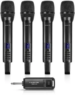 2.4GHz Rechargeable Wireless Microphone System with 4 x Handheld Mic, 1/4" Mini Portable Receiver, Built-in EQ, Effects for Karaoke, Events, Church, Meetings (SWM-01U4)