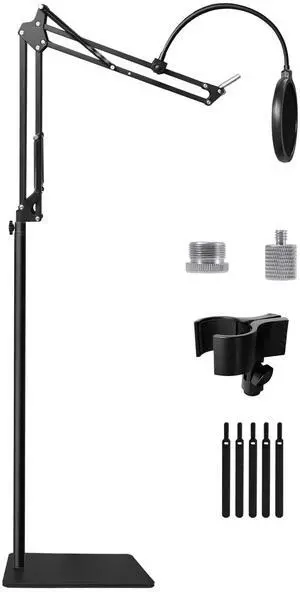 Mic Stand Floor Boom Arm for Blue Yeti, Nano, Snowball, HyperX QuadCast, SM7B MV7, Fifine K688 and More Mic, Floor Microphone Stand with 3/8" to 5/8" 1/4" Screw, Pop Filter Mic Clip Cable Ties