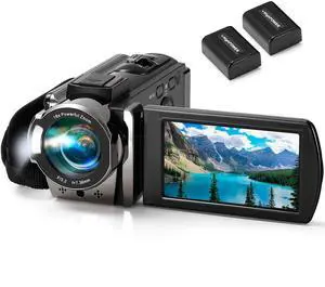 Video Camera Camcorder Digital Camera Recorder Full HD 1080P 15FPS 24MP 3.0 Inch 270 Degree Rotation LCD 16X Digital Zoom Camcorder Camera with 2 Batteries(Black)