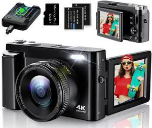 4K Digital Camera for Photography, UHD Autofocus 48MP 180° Flip Screen 16X Zoom Compact Point Shoot Vlogging Camera for YouTube with 2 Batteries, 32GB Card (Black)