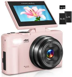Digital Camera for Photography, 4K Vlogging Camera for YouTube 3" 180° Flip Screen 18X Digital Zoom Compact Cameras with 32GB TF Card & 2 Batteries, Pink