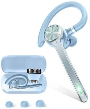 Bluetooth Headset, Wireless Bluetooth Earpiece with 500mAh Charging Case 72 Hours Talking Time Built-in Microphone for iOS Android Cell Phone, V5.1Hand-Free Headphones for Trucker-SkyBlue