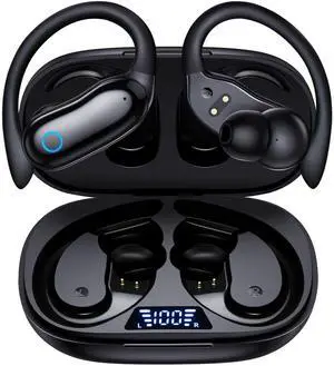 Ear Buds Wireless Earbuds 96hrs Playback Bluetooth Headphones IPX7 Waterproof Stereo Bass Over-Ear Earphones with Earhooks Microphone LED Battery Display for Sports/Workout/Gym/Running Black