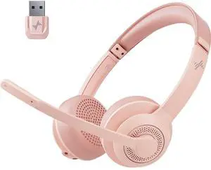 Wireless Headset with AI Noise Cancelling Microphone Bluetooth Headset - Bluetooth V5.2 Headphones with USB Dongle & Mic Mute for Computer/Laptop/PC/iPhone/Android/Cell Phones (Pink)