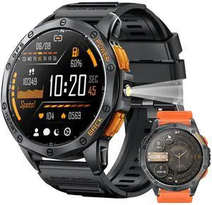 Smart Watches Built-in GPS, 170+ Sport Modes for Men with Flashlight, Smartwatch for Android Phones and iPhone, 1.43" AMOLED Screen Bluetooth Call Compass Altimeter (Black & Orange (2 Bands))