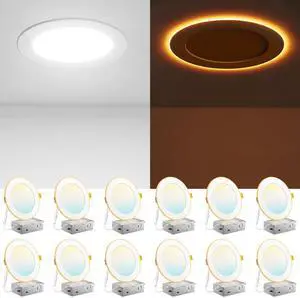 12 Pack 6 Inch 5CCT LED Recessed Ceiling Light with Night Light, 2700K/3000K/3500K/4000K/5000K Selectable Ultra-Thin Lighting, 12W=110W, 1100LM, Dimmable Canless Wafer Downlight ETL&FCC