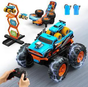 2-in-1 Remote Control Car with Transform Launcher Track  1:16 RC Monster Truck Toys 2.4GHz, Self-Standing 360° Flips Towing Mini Cars & Electric Scoring Gate Truck Gift for Kids Boys Girls Age 4-12