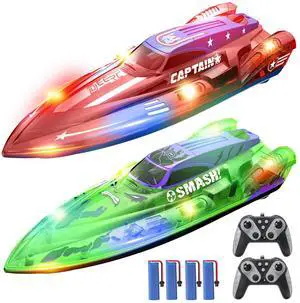 2 Pack 13 inch Remote Control Boat for Kids, 4 Batteries, 2.4Ghz RC Racing Boat with LED Lights for Pools and Lakes, Summer Water Toy Gift for Boys 8-12