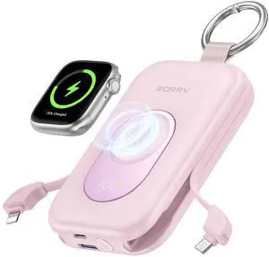 Portable Charger, 20000mAh PD 30W Portable Charger Power Bank with 2 Built-in Cables, Super Fast Charging Battery Pack with Keychain, Travel Essentials for iPhone, Apple Watch, iPad, Pink
