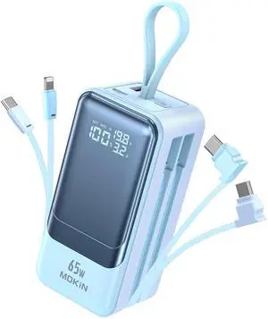 65W Portable Charger for Laptop, 18400mAh Power Bank with 2 Cables 4-Output, Smart Digital Display, Travel External Battery Pack for Laptop, MacBook, iPhone 15/14/13, iPad, Samsung,Blue
