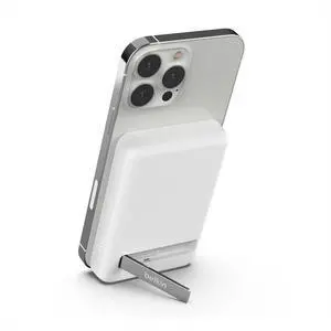 Portable Charger, Wireless Power Bank 5000 mAh MagSafe Charger 7.5W, Built-in Pop-up Kickstand - Compatible w/iPhone 16, Plus, Pro, Max, iPhone 15, AirPods, Google Pixel 10, etc. - White