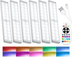58-LED Motion Sensor Under Cabinet Lights Wireless, RGB Closet Light Night Lights Remote, 1100mAh Rechargeable Under Cabinet Lighting Counter Lights for Indoor Kitchen, Stair (6 Packs)