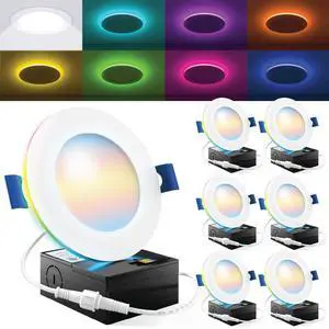 4 Inch 6 Pack Smart Ultra Thin LED Recessed Ceiling Lights with Night Light, Tunable CCT 2700K to 5000K, Dimmable, 11W, Smooth Trim, Canless with Junction Box