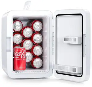 Compact Mini Fridge, 15 Can Portable Small Refrigerator with AC/DC Adapters, 10 Liter / 2.6 Gal Small Cosmetics Cooler for Beverage, Food, Skincare, Bedroom, Dorm, Office and Car, White