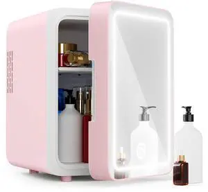 Skincare Fridge - Mini Fridge with Dimmable LED Mirror (4 Liter/6 Can), Cooler and Warmer, for Skincare and Food, Mini Fridge for Bedroom, Office and Car, Pink