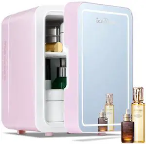 Skincare Fridge with Dimmable LED Light Mirror, 4L Compact Makeup Refrigerator for Bedroom, Car, Office & Dorm, Pink Mini Fridge for Beauty Essentials & Beverages(Pink)