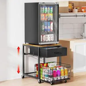 Mobile Mini Fridge Stand with Storage, Height-Adjustable Mini Beverage Fridge Table, Coffee Bar, 200 lbs Heavy-Duty Compact Refrigerator Shelf with Rolling Cabinet for Kitchen Home Office